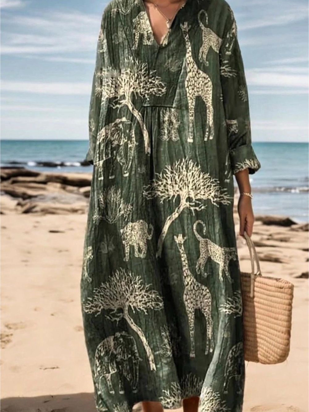 Women's oversized smoked long sleeve Boho dress animal print V neck Maxi with po